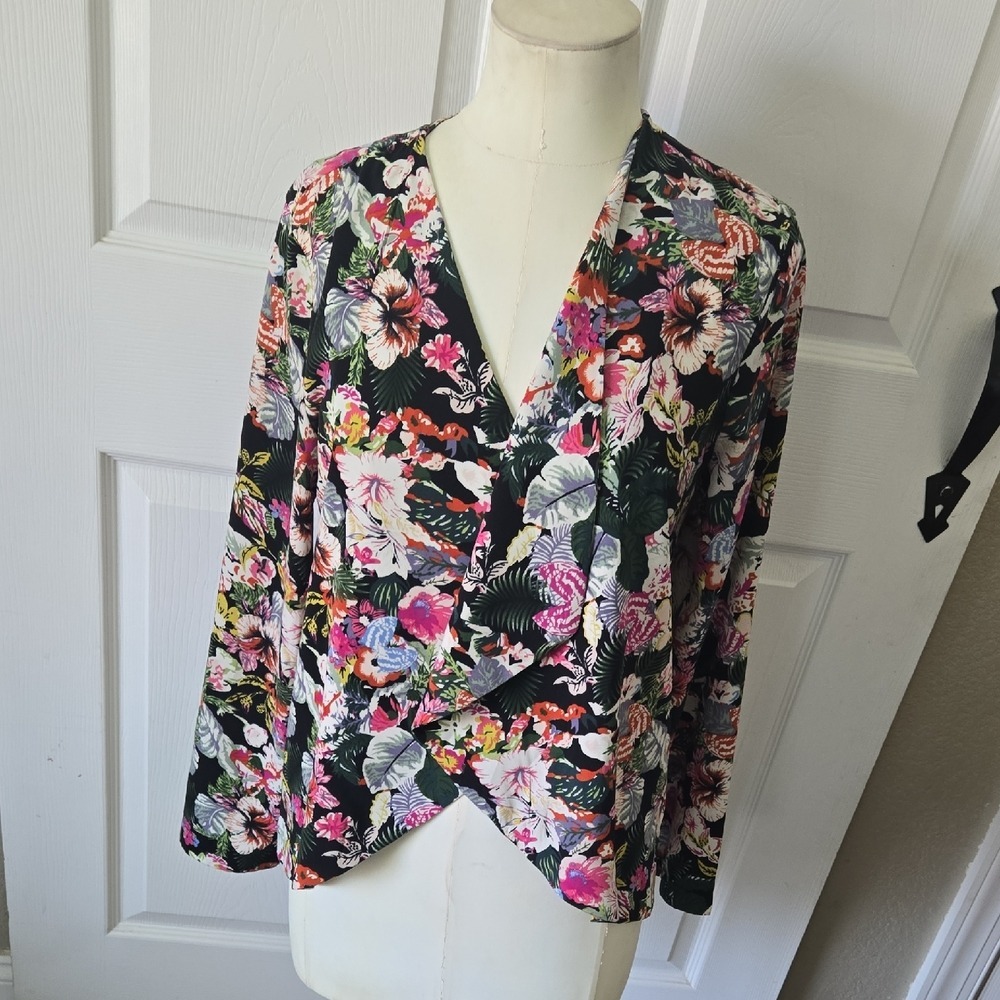 Elodie‎ Womens Tropical Floral Open Front Draped Blazer Black Multi Size Medium